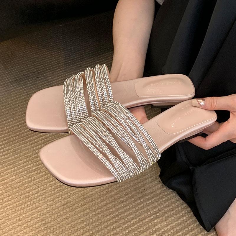 Fashion Pink Fashion Bling Women Flats Slippers Shoes Summer Spring Luxury Rhinestones Ladies Slides Slippers Shoes Female Sandals