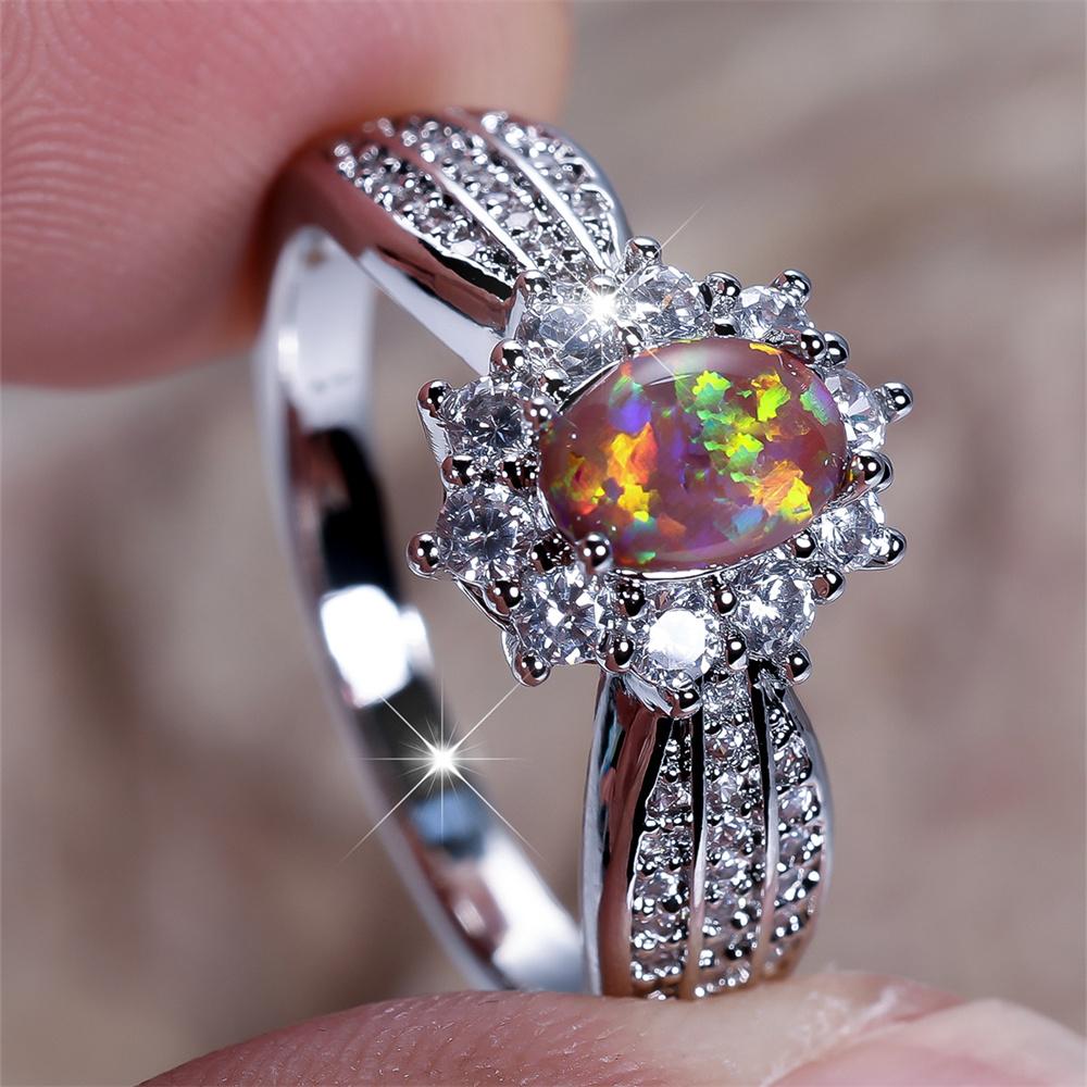 Roter Opal Ovaler Stein Sonnenblumen Ringe Für Frauen Vintage Silber Farbe Weiß Zirkon Eheringe Geburtsstein Geschenke