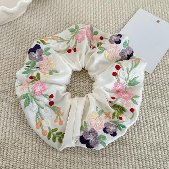Floral Scrunchies Satin Scrunchies Embroidery Flower Scrunchies Aesthetic Elastic Hair Band No Damage Hair Ties Blossom Ponytail Holders for Women