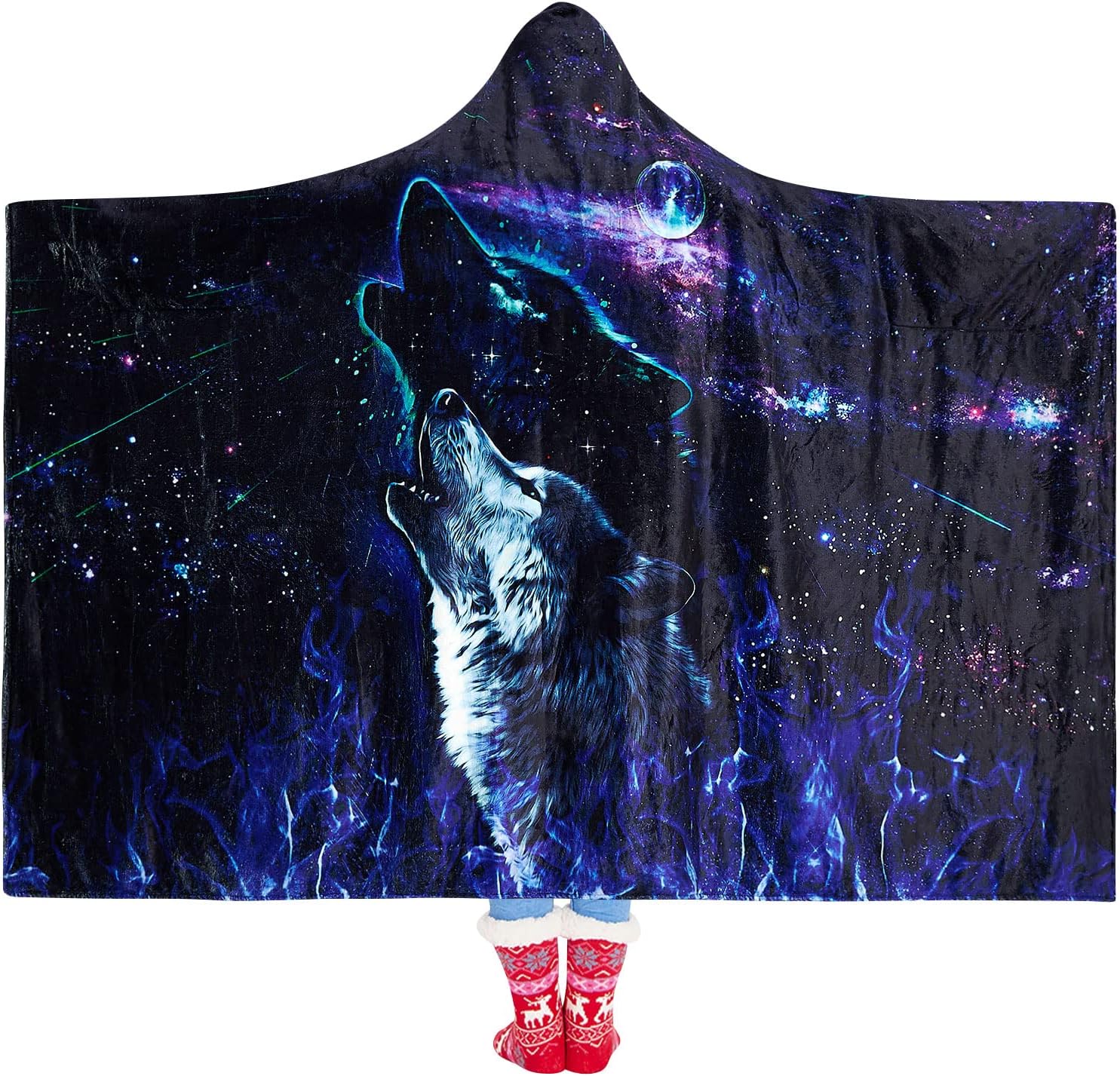 

Wolf and Moon Throw Blanket Women Men Hooded Wearable Fleece Plush 3D Print Galaxy Wolf Moon Blanket 60X80 Inces for Home 60x50inch