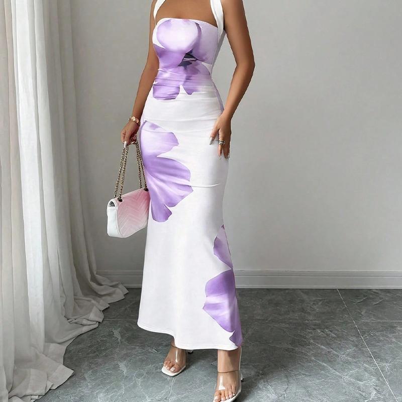 Elegante abito lungo da donna con stampa floreale da appendere al collo, vestibilità aderente che abbraccia i fianchi, abito a coda di pesce per le vacanze estive