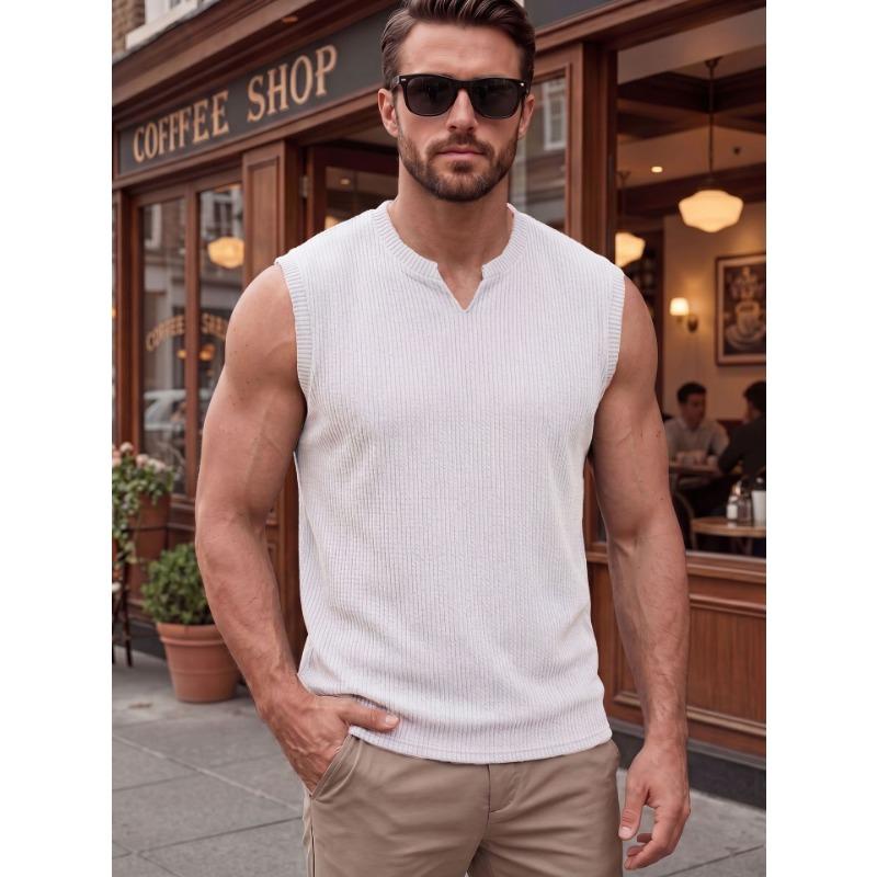 Mens Ribbed Knit V Neck Sleeveless Tank Top S белый