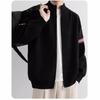 Unisex American Retro Color Block Cardigan Sweater with Stand Collar and Double Zipper for Autumn/Winter.