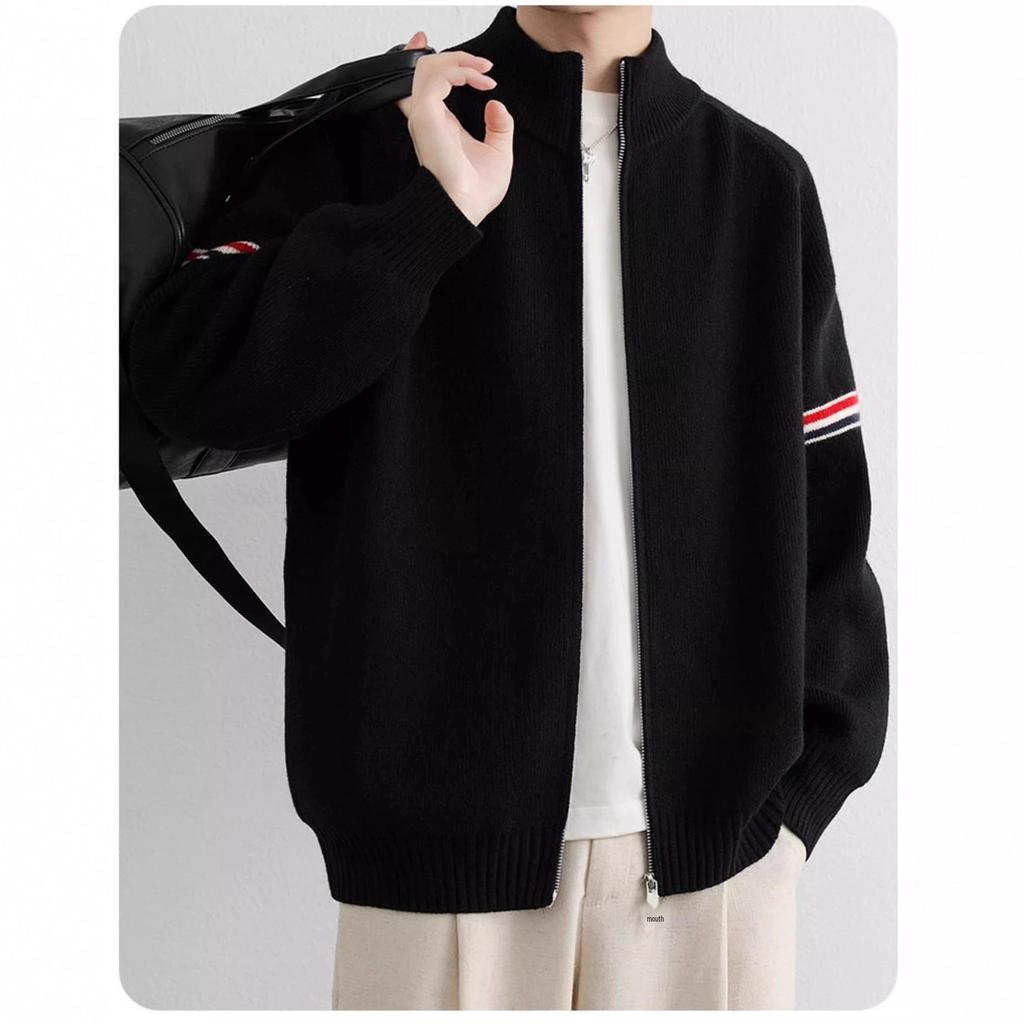 Unisex American Retro Color Block Cardigan Sweater with Stand Collar and Double Zipper for Autumn/Winter.