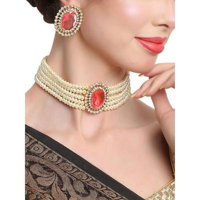 Fashion 18k Gold Plated Latest Stylish Fancy Choker Traditional Pearl Necklace Jewellery Set for Women