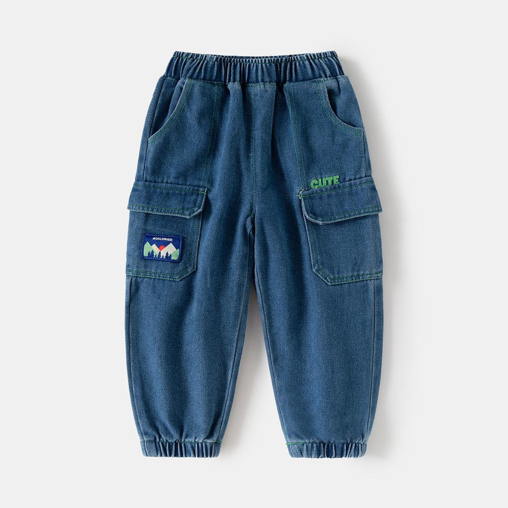 Toddler Boys Patch Embroidery Jeans Cotton Denim Pants Casual Long Trousers