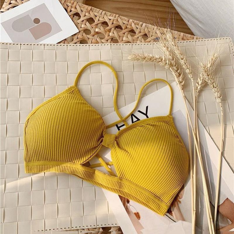 2024 Сексуальный спортивный бюстгальтер для йоги на бретелях из чистого хлопка, спортивный топ для фитнеса, дышащий, на бретелях, нижнее белье, с подушечками, обхват груди жёлтый