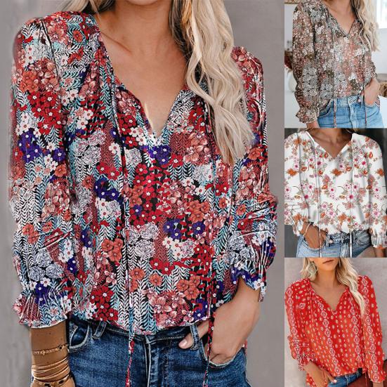 

Офисная женская рубашка с цветочным принтом и V-образным вырезом, осень-зима, длинный рукав