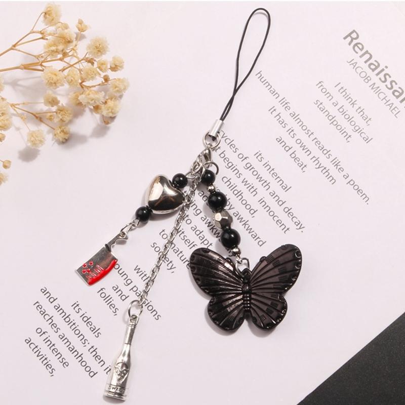 Trendy Phone Lanyard Gothic Style Butterfly Heart Keychain Pendant Durable Phone Strap Portable Phone Accessory for Keys