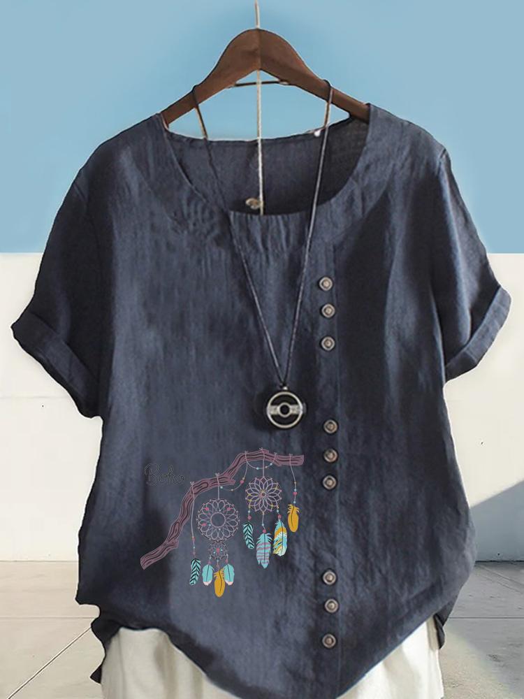 Women's Fashion Feather Pattern Print Shot Sleeve T-shirt Loose Cotton Shirt Casual Loose Summer Plus Size Blouse Tops