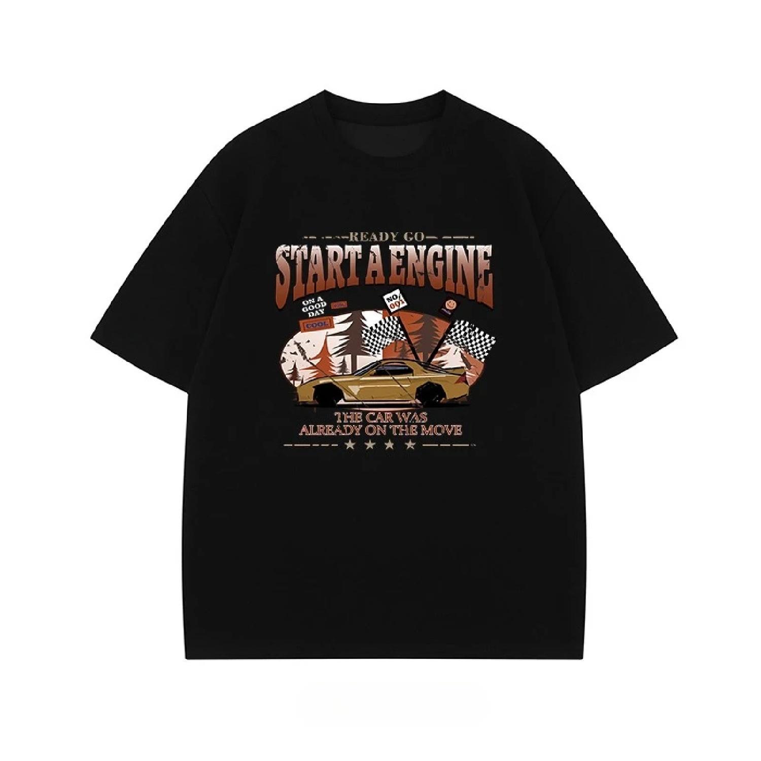 

2025 Summer New Style American Retro Racing Printed Cotton T-shirt Loose and Casual Short-sleeved Men s and Women s Tops XXXXXL чорний