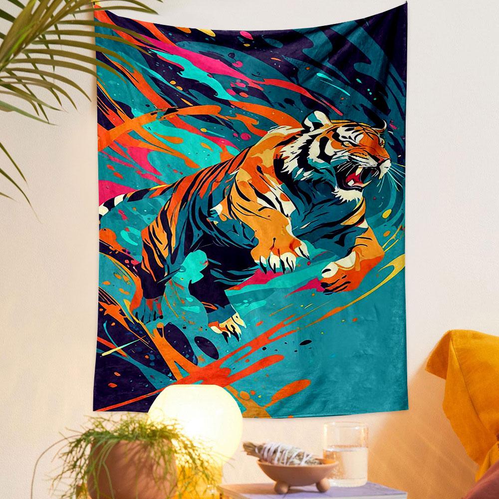 Colorful Roaring Tiger Artwork Patterned tapestry home decor, suitable for bedroom and living room, gift