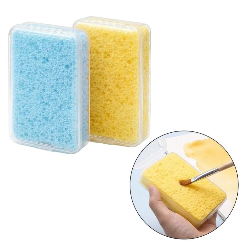 Oil Paint Brush Wash Sponge Set of 2, Rectangular Wood Fiber Sponge with Clear Storage Case for Color Separation, Brush Cleaning, Travel Kits