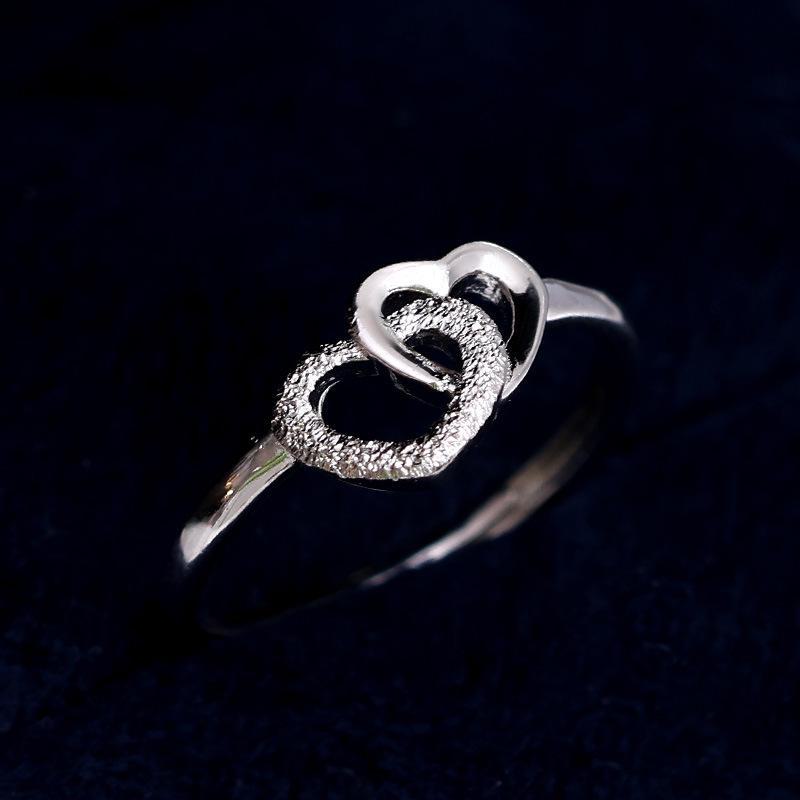 Banyan Tree S925 Silver Frosted Double Love Ring for Women - Elegant and Versatile Heart-to-Heart Gift