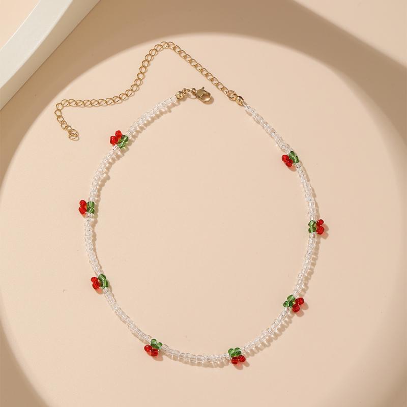 Summer Lovely Rice Beaded Beaded Necklace Fresh With Cherry Necklace Women Choker Clavicle Chain Jewelry Gift
