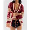 Loose Knitted Cardigan Sweater Women Casual Pocket Color Block Jacket