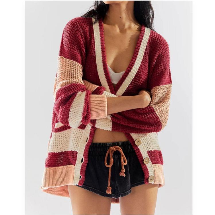 Loose Knitted Cardigan Sweater Women Casual Pocket Color Block Jacket