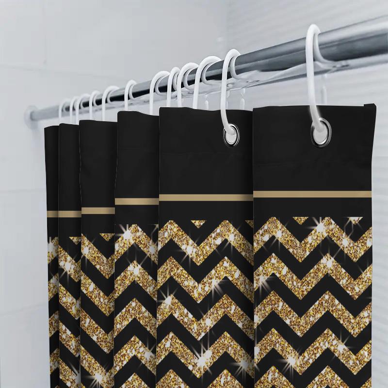 Vibrant Gold Chevron Shower Curtain For Bathroom Decor Shimmering Glitter Fabric With Rod Pockethole