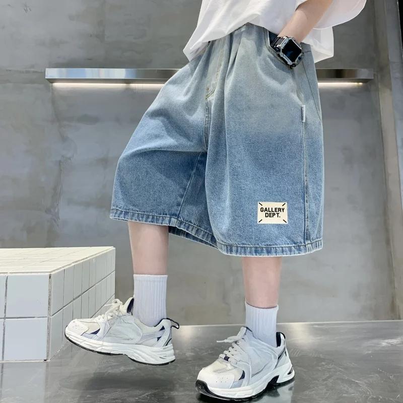 Summer Children Loose Casual Gradient Blue Jean Shorts for Teenager Boys Baggy Denim Shorts Kids Street Knee Length Pants
