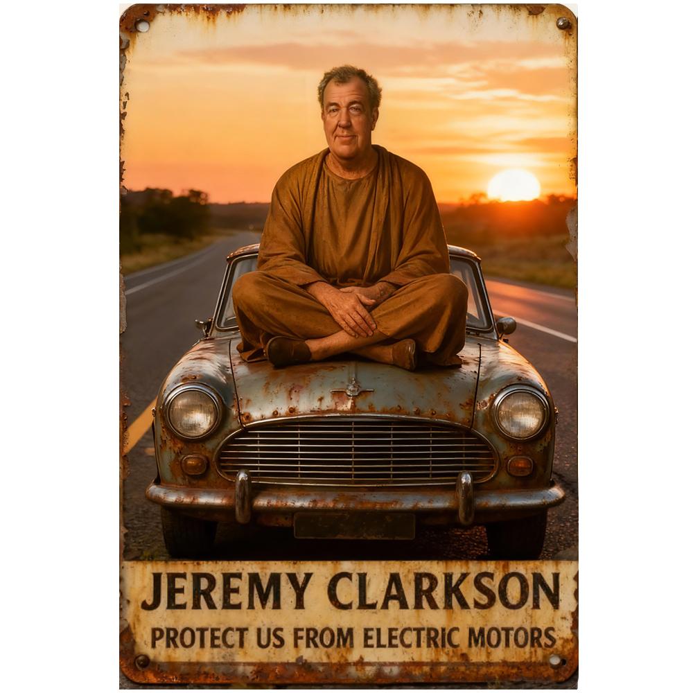 

HD Metal Tin Sign Funny Jeremy Clarkson Wall Decor Retro Protect Us From Electric Motors Petrolhead Sign for Garage Man Cave 20x30cm（7.8x11.8inch）