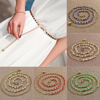 Cintura da donna con cinturino in vita sottile in metallo con perle sintetiche e cinturino alla moda
