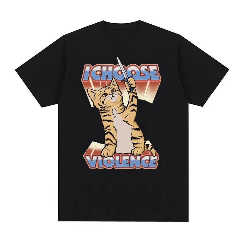 Funny I Choose Violence Vintage Cat Meme T-shirts Women's Men Fashion Trend Y2k T-shirt Casual Cotton Short Sleeve T Shirts Tops