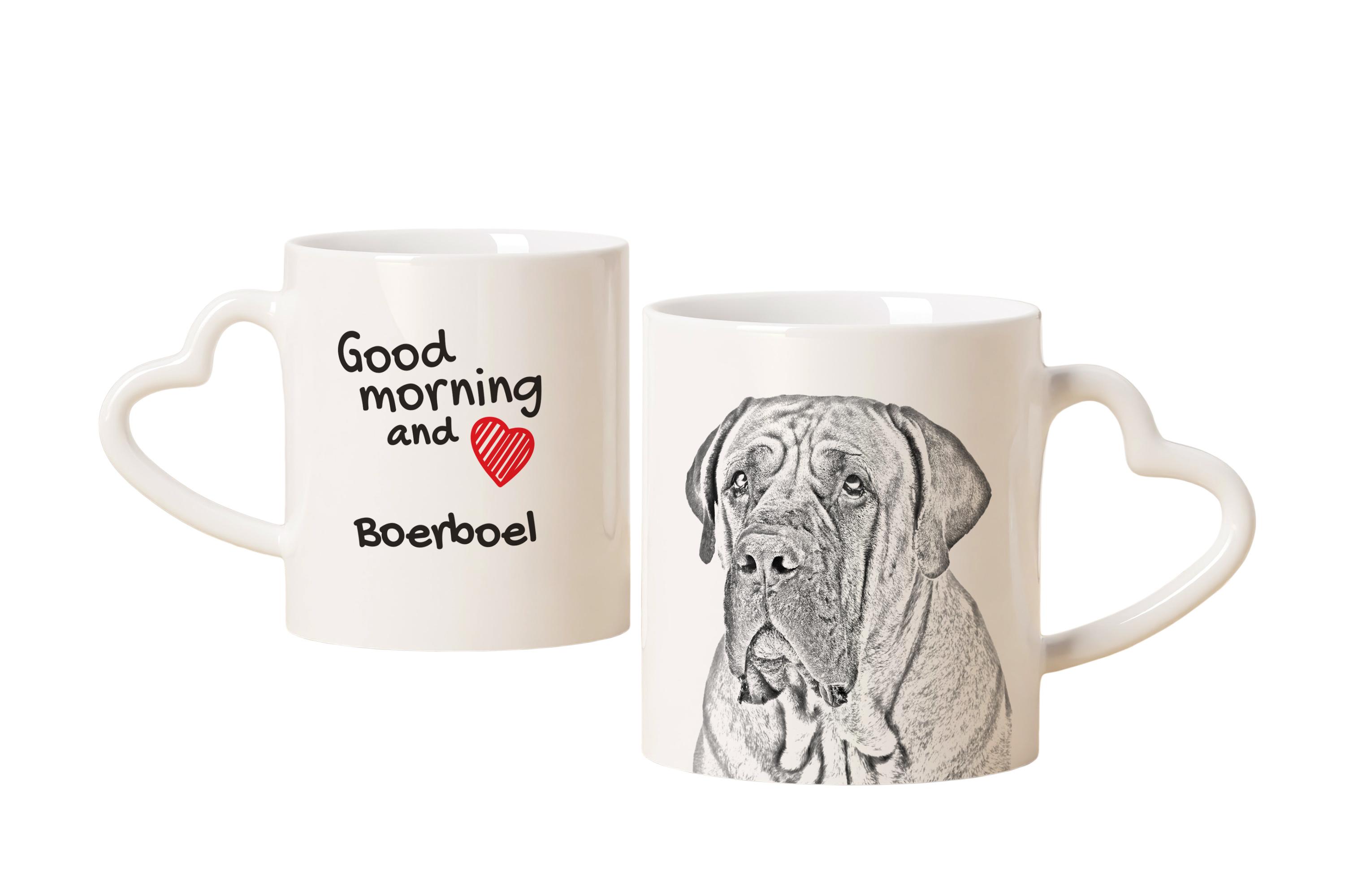 

Boerboel, South African Mastiff - cup with a dog, adorable cup with a heart-shaped handle, universal gift from the Art-Dog brand білий