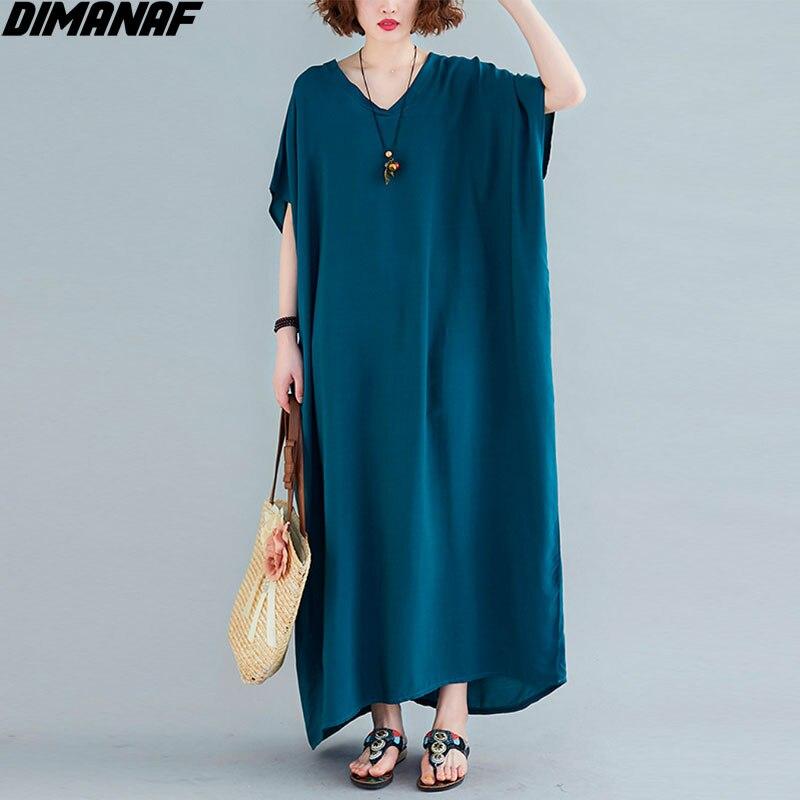 DIMANAF 2021 Plus Size Women Dress Bohemian Beach Korean Style Summer Sundress Solid Maxi Dress Loose Design Casual Long Dress