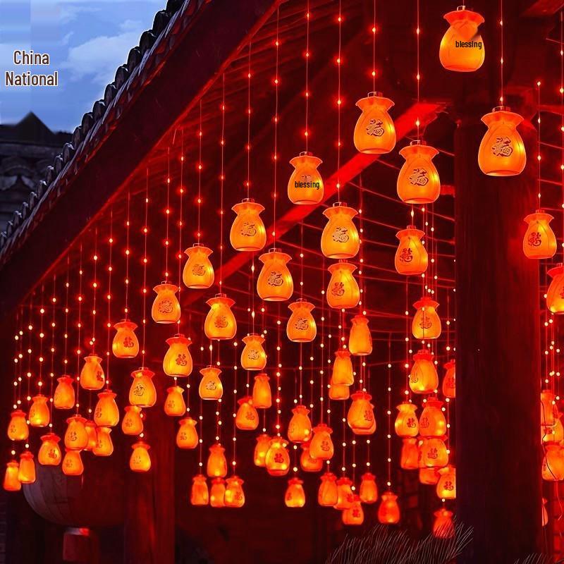 Solar-Powered Red Lantern String Lights - New Year Decoration with Blessing Characters