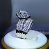 Fashion New Style 925 Silver Geometric Six-Claw White Zircon Three Rows Double Rings Women's Party Cocktail Party Traveling Jewe