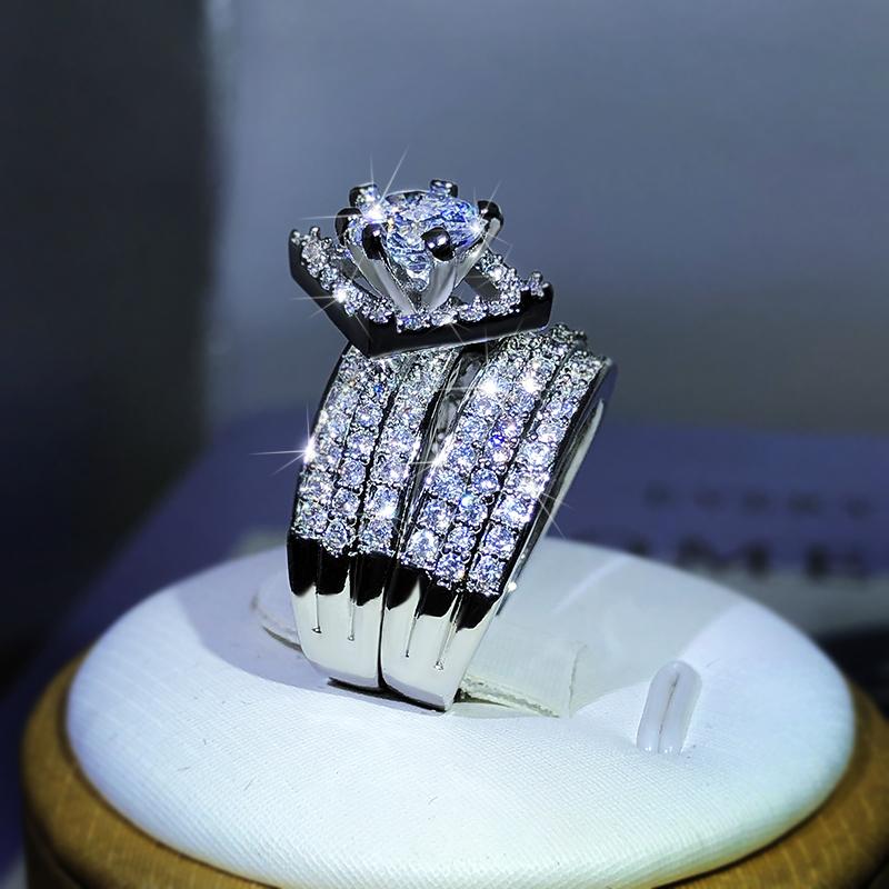 Fashion New Style 925 Silver Geometric Six-Claw White Zircon Three Rows Double Rings Women's Party Cocktail Party Traveling Jewe