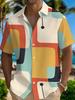 Vintage Geometric Color-Block Short Sleeve Shirt, Retro-Style Lapel Casual Blouse, Color Block Patchwork Loose Top, Suitable for Vacation Travel /