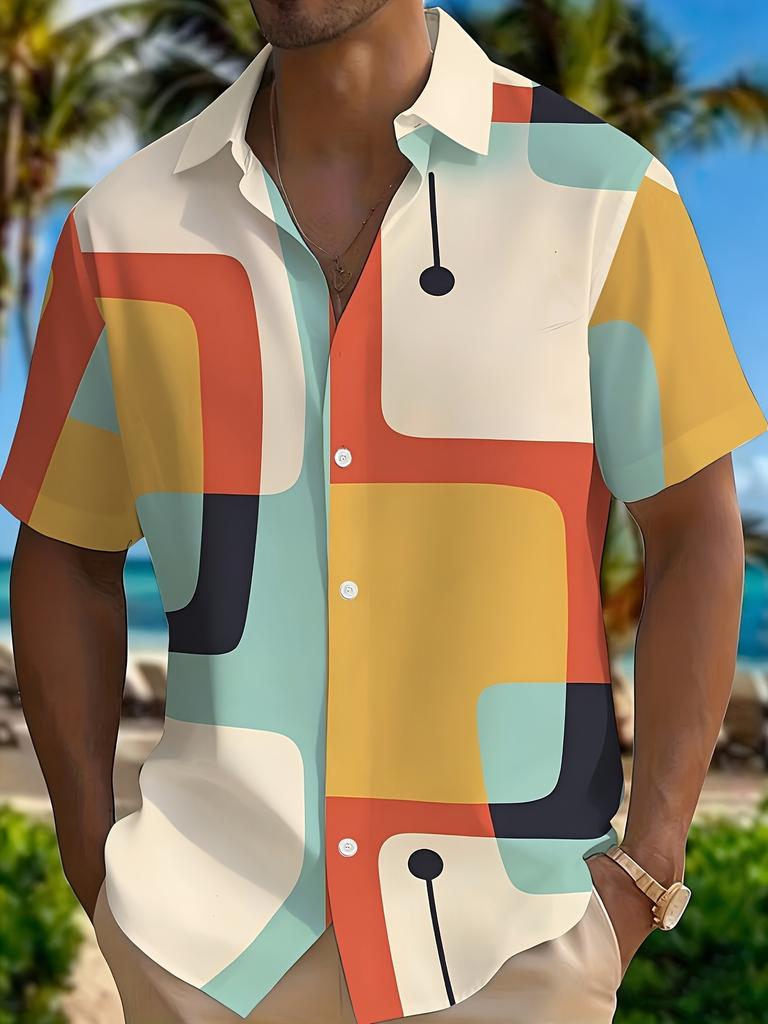 Vintage Geometric Color-Block Short Sleeve Shirt, Retro-Style Lapel Casual Blouse, Color Block Patchwork Loose Top, Suitable for Vacation Travel /