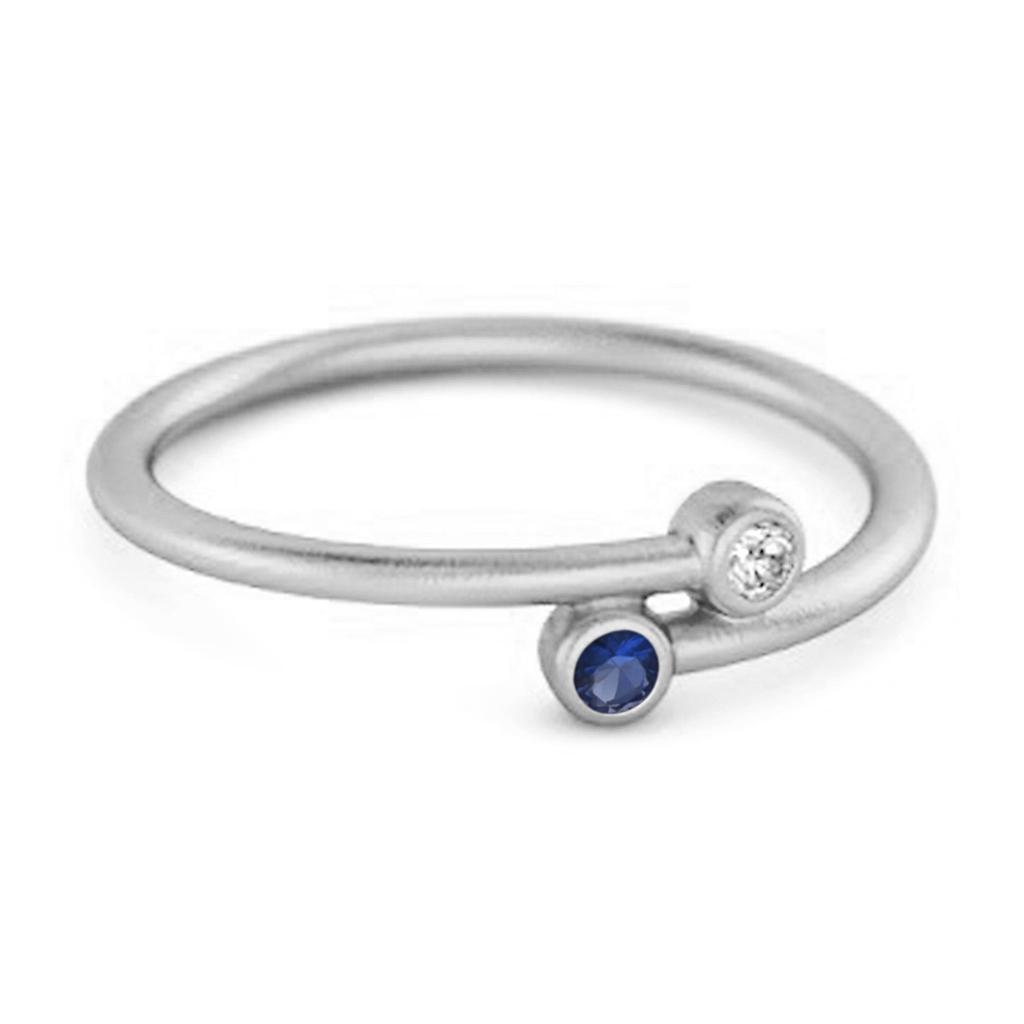Blue Sapphire Open Bezel Two- 925 Stone Ring - 925  Sterling Silver