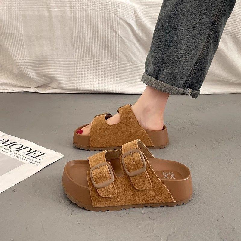 Platform Slippers Women's Summer Wear Retro Versatile Sandals New One-word Drag Boken Beach Sandals