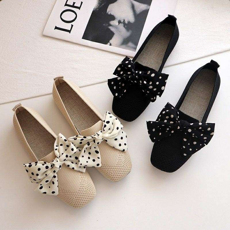 Single shoes female bow fairy wind one pedal flying woven beanie shoes soft sole breathable knitted shoes female summer