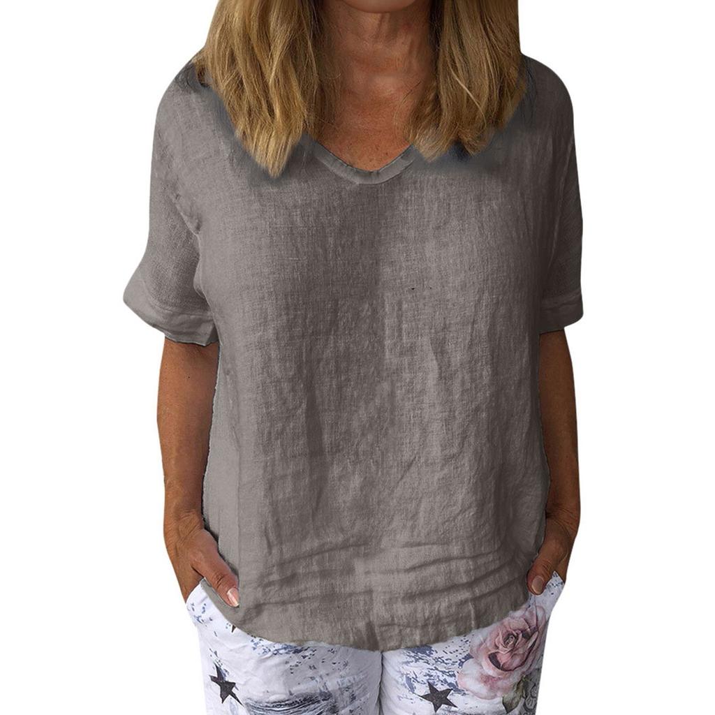 Women's Fashion Short Sleeve Cotton Linen Loose Casual Color Top