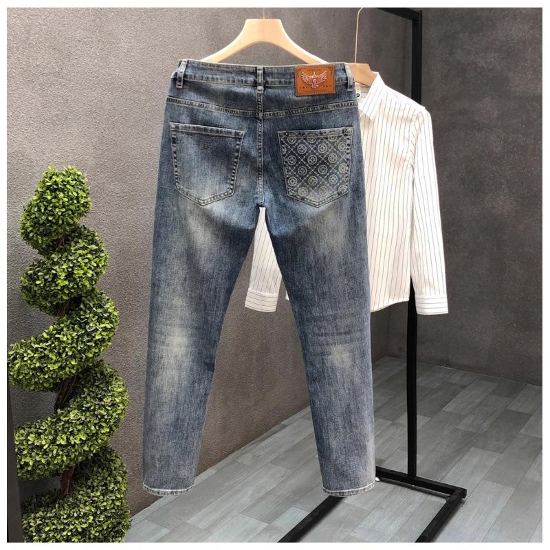 Spring and autumn new high-end printed men's jeans trendy slim-fitting small feet retro versatile men's nine-point trousers