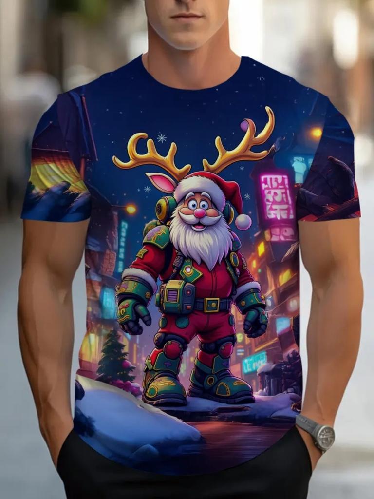 Fashionable Casual Comfortable Breathable Short Sleeved Round Neck T-shirt Summer Large Loose Creative Christmas Portrait 3D Printed Men's T-shirt