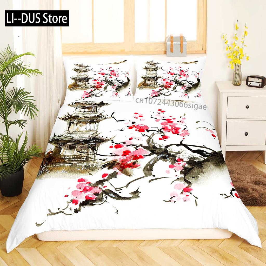 Chinese Traditional Painting Bedding Set Pink Plum Blossom Comforter Cover Set Full Size for Adults Teens Bedroom Decor 3pcs