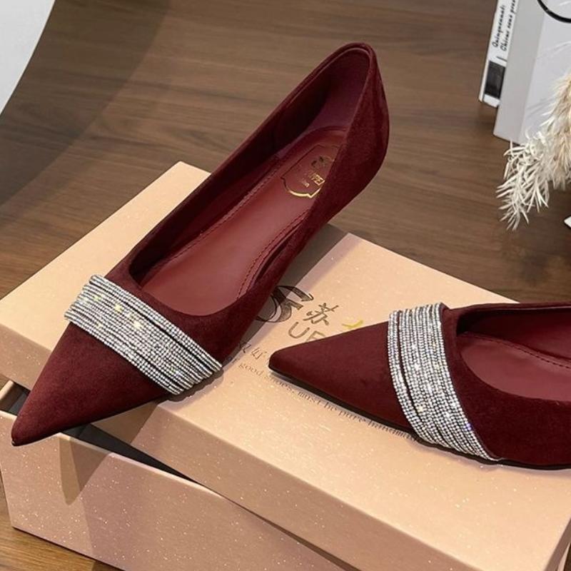 Faux Suede Rhinestone Brand Luxury Heels Summer Fashion Pointed Toe Shallow Women Pumps Elegant Wedding Bridal Shoes for Ladies