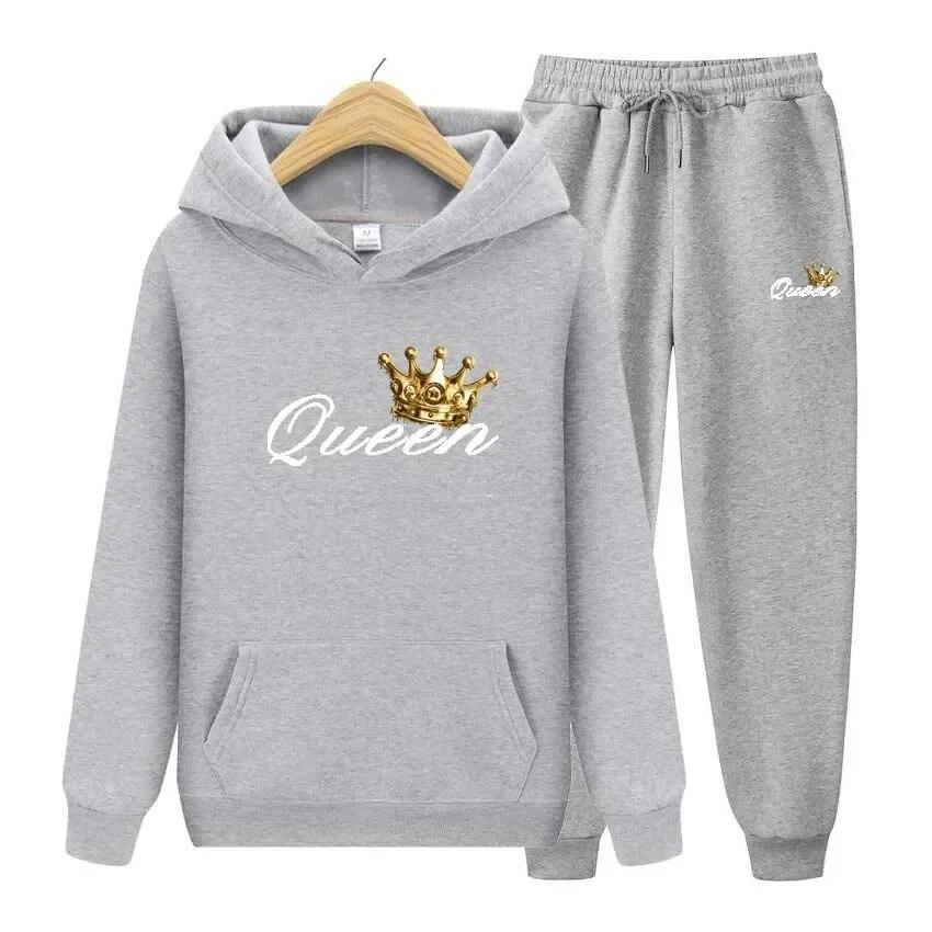 Queen Printing Autumn Winter Hoodies+Pants Two Piece Set  Womens Hoodies Tracksuits Jogger Pants thick Warm Clothes