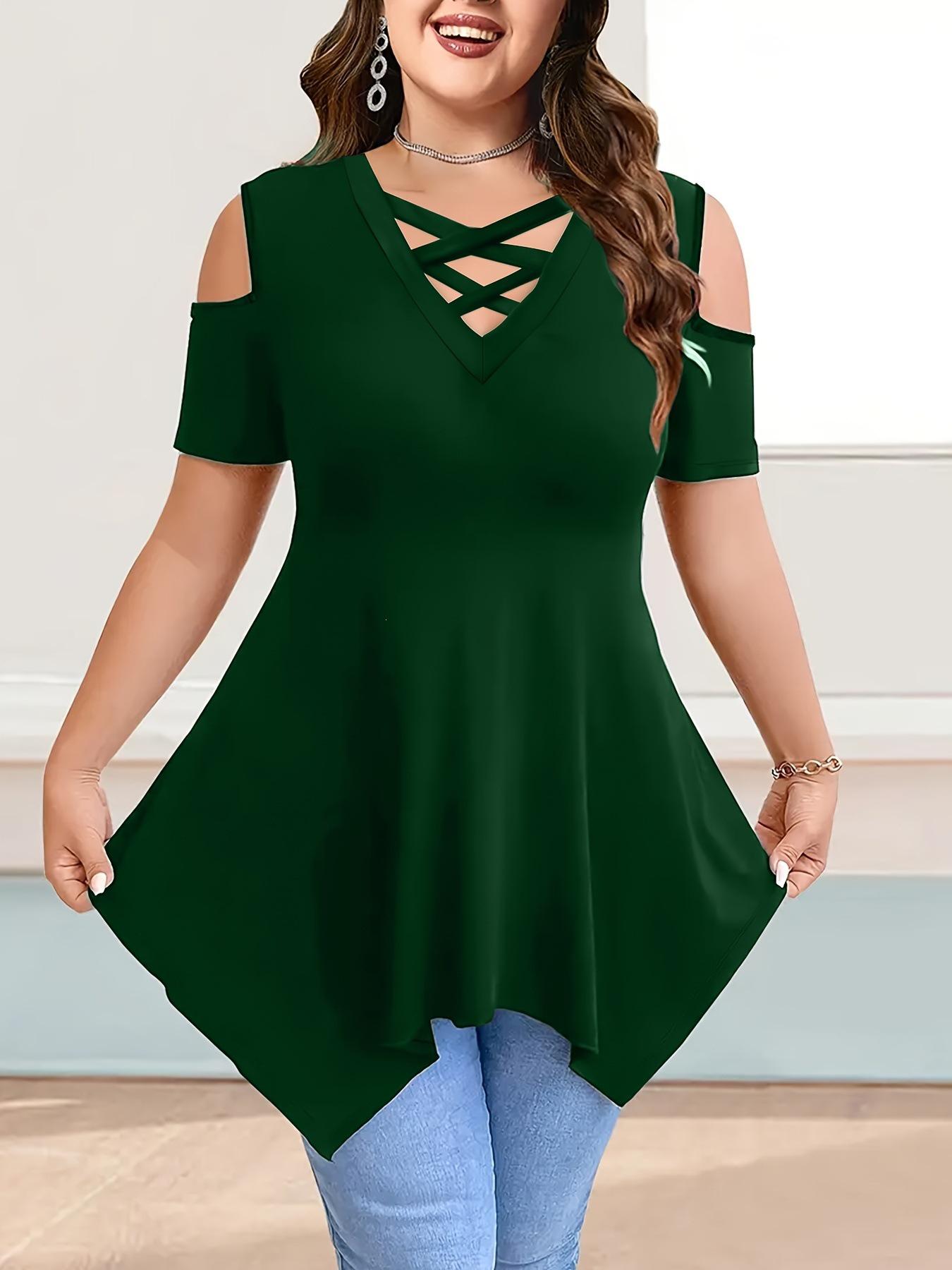 V-neck Crossover Strap Off-the-Shoulder Short-Sleeved Women s Top M темно-зеленого