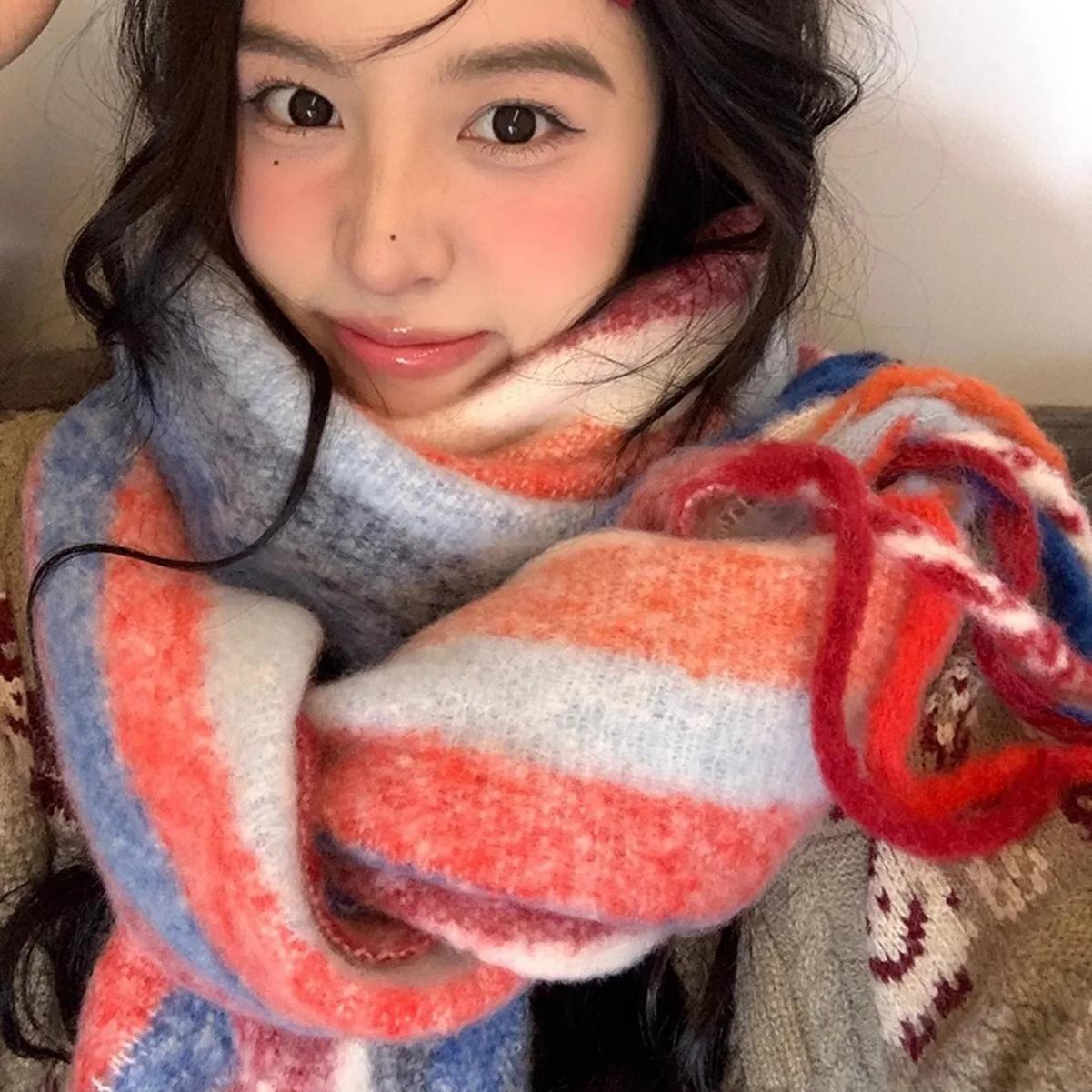 Зимний женский шарф Теплые цвета Атмосфера Радуга Пальто Полосатая шаль Утолщенный шейный — фото 5