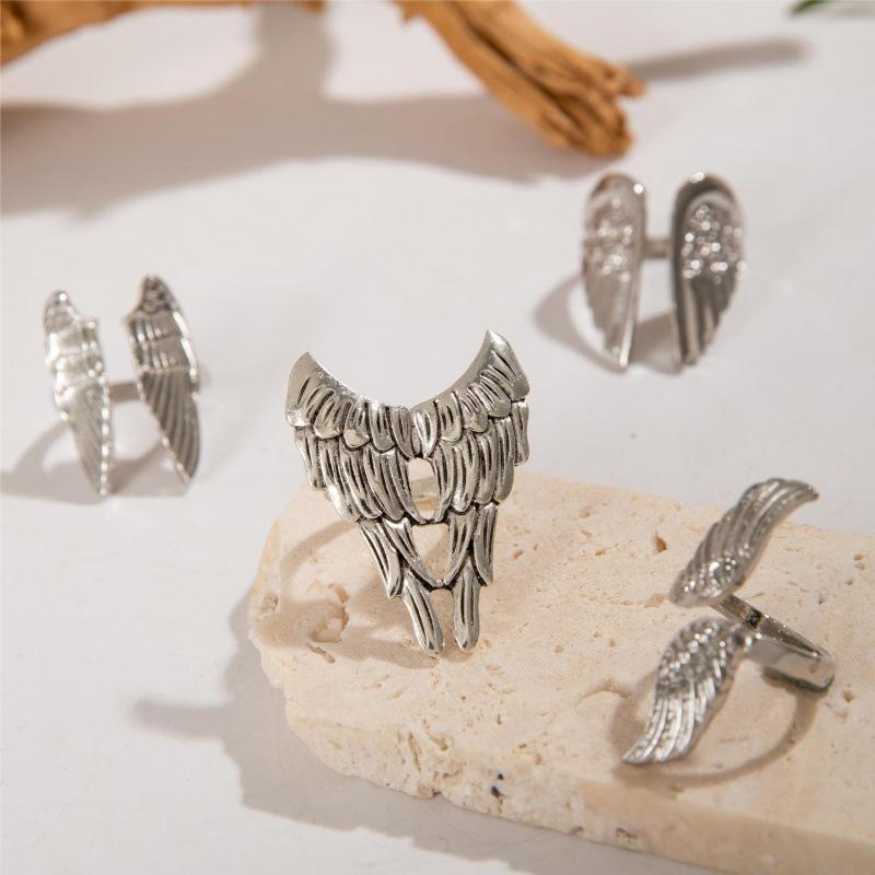 Punk style geometric angel wing ring, retro feather wing multi-joint ring four-piece female set