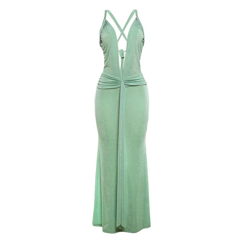 

# Sisjuly# Charm Banquet Focus Pleating Braid Rope Design Sexy Deep V Backless Sling Dress Green S