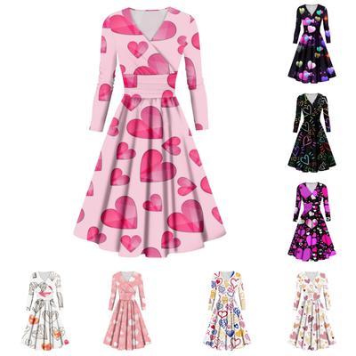 Ladies Fashion Casual Valentine's Day Print Long Sleeve V-neck Sexy  Dress