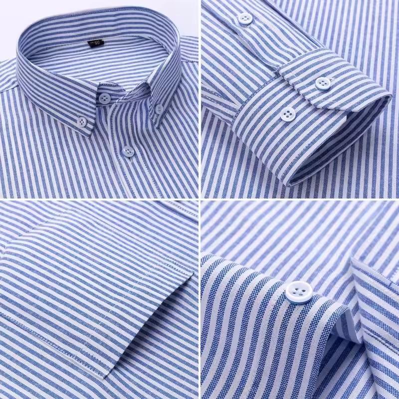 New Cotton Oxford Shirts Men's Long Sleeves Stripe Thin Soft Regular Fit Formal Dress Shirt Pocket Social Blouse Male Clothing