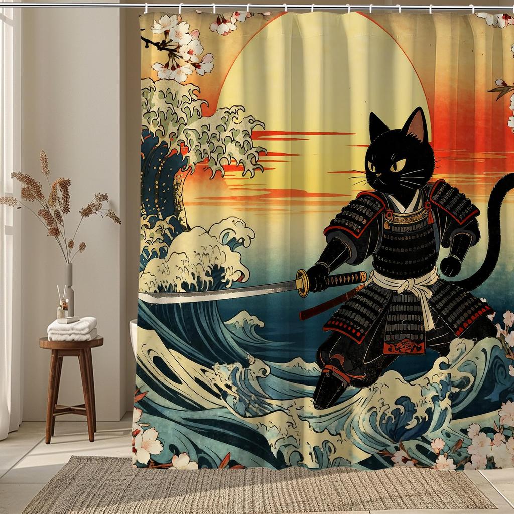 Funny Japanese Cat Sunset Shower Curtain, Vintage Anime Ocean Wave Kitten Decor, Artistic Waterproof Washable