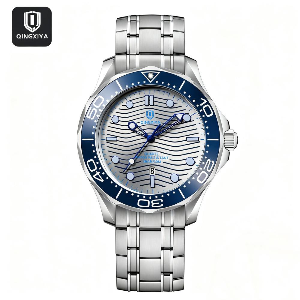 Men's Diver Style Quartz Watch with Luminous Hands Auto Date Waterproof Stainless Steel/Rubber Band Wristwatch